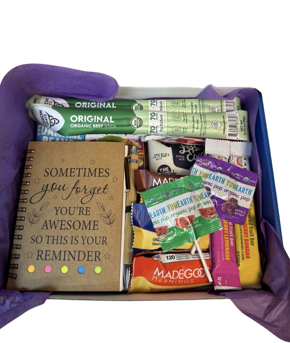 Healthy Snack Box Care Package with Notebook/Pen, Inspirational, Personalized Card Included - Image 3