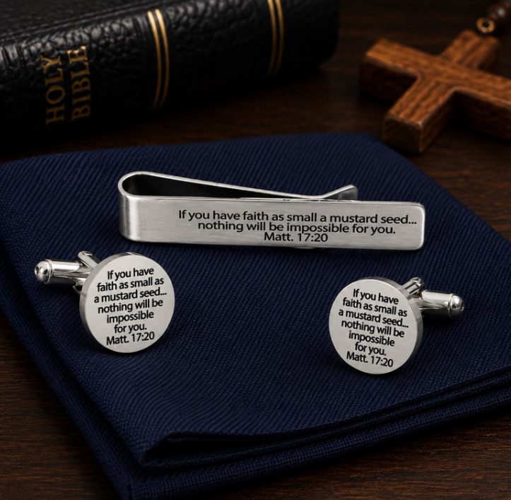 Mustard Seed Faith Tie Clip 15mm Cuff Link Set