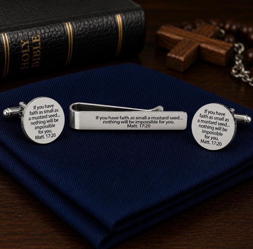 Mustard Seed Faith Tie Clip 20mm Cuff Link Set