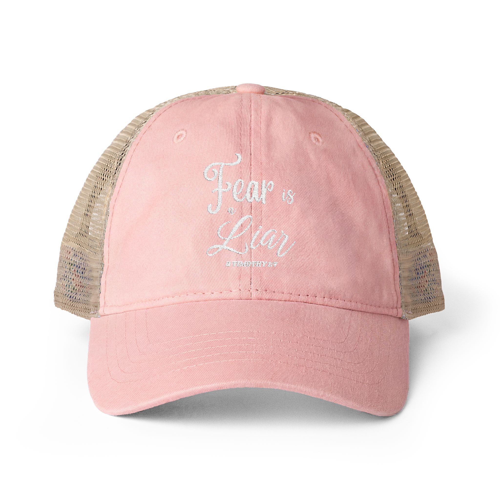 Christian Trucker Hat – Fear Is a Liar Scripture Embroidered Washed Meshback - Image 2