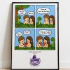 A framed comic art print titled 'English Comics Issue #001' by HENRY, featuring a cartoon illustration of Adam and Eve with a snake in a garden, leaning against a white wall on a light wood floor. The print has a black frame and a white mat, with the 'Kingdom Comics' logo at the bottom.
