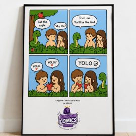 A framed comic art print titled 'English Comics Issue #001' by HENRY, featuring a cartoon illustration of Adam and Eve with a snake in a garden, leaning against a white wall on a light wood floor. The print has a black frame and a white mat, with the 'Kingdom Comics' logo at the bottom.