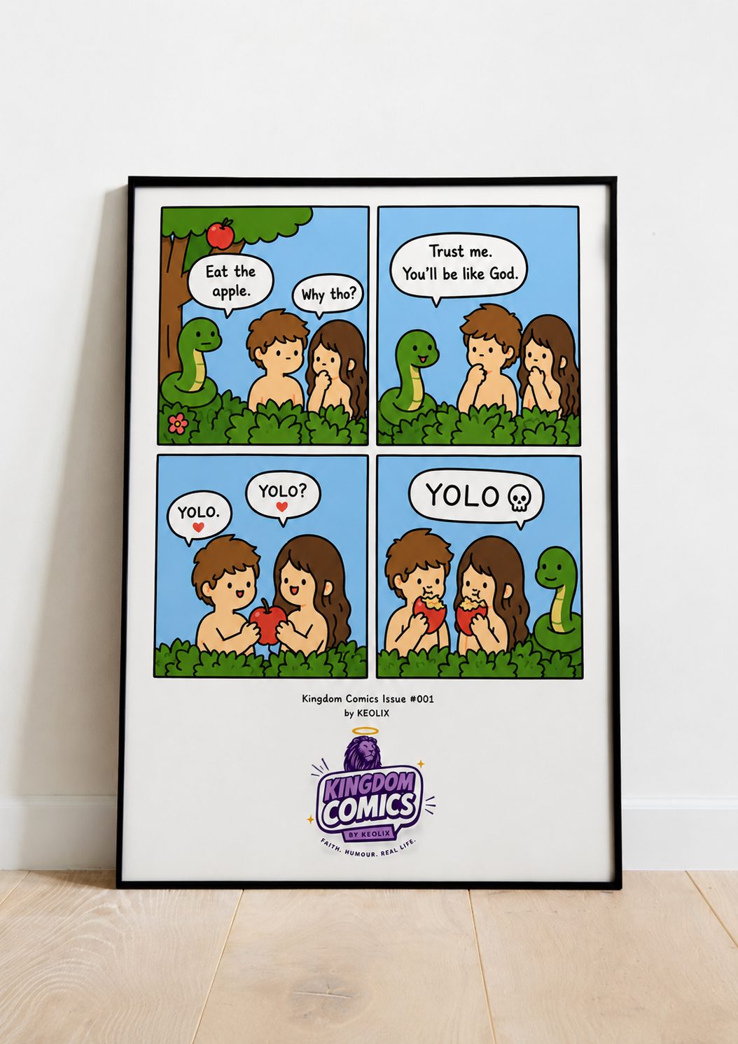 A framed comic art print titled 'English Comics Issue #001' by HENRY, featuring a cartoon illustration of Adam and Eve with a snake in a garden, leaning against a white wall on a light wood floor. The print has a black frame and a white mat, with the 'Kingdom Comics' logo at the bottom.