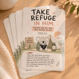 Psalm 2:12 Christian prayer card with original KEOLIX illustration reminding believers to take refuge in God