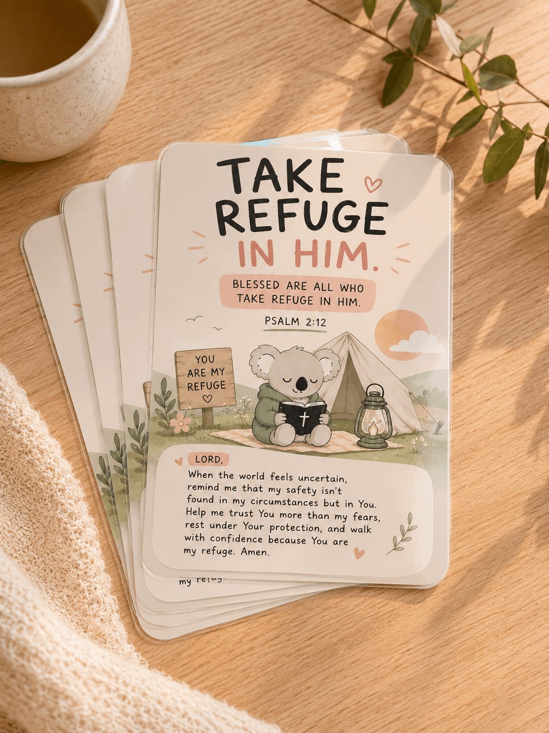 Psalm 2:12 Christian prayer card with original KEOLIX illustration reminding believers to take refuge in God