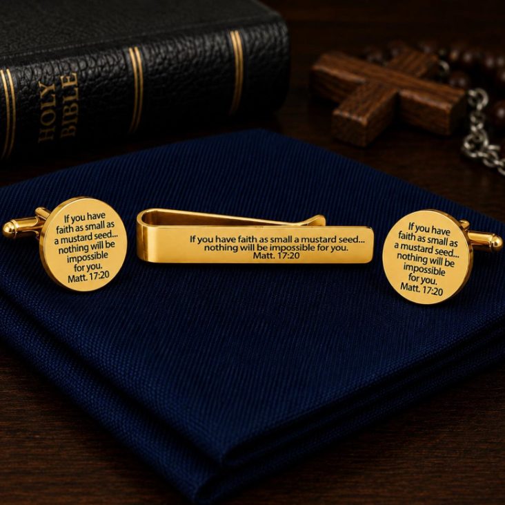Mustard Seed Faith Goldtone Tie Clip Cuff Link Set