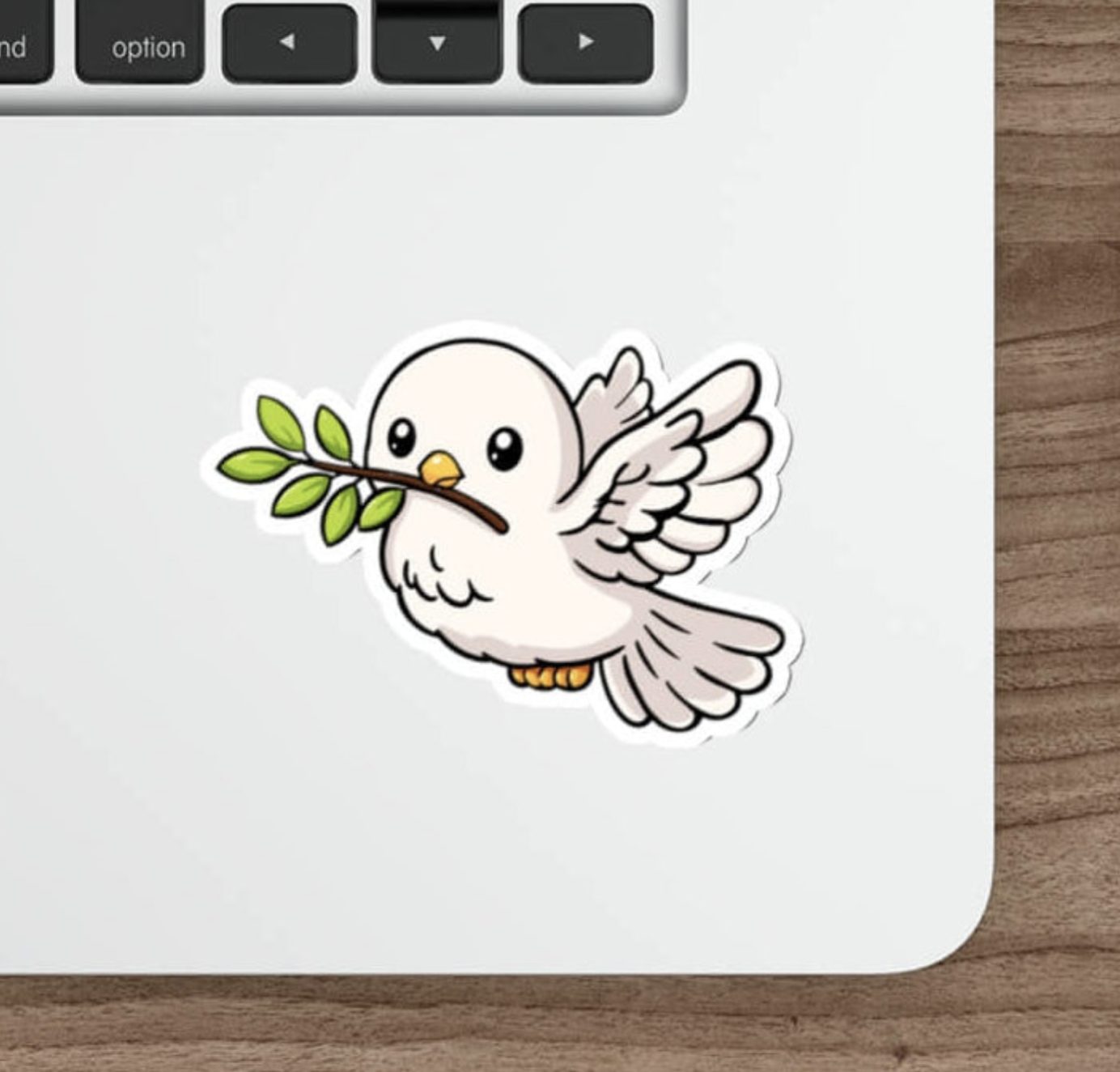 Cute dove holding an olive branch in kawaii style vinyl sticker, symbol of peace and Noah’s Ark.