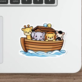 Cute Noah’s Ark sticker with animals including giraffe, elephant, lion and birds in kawaii style vinyl decal.