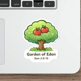 Cute apple tree sticker with two red apples and the text “Garden of Eden Gen 2:8-15” in kawaii style vinyl decal.