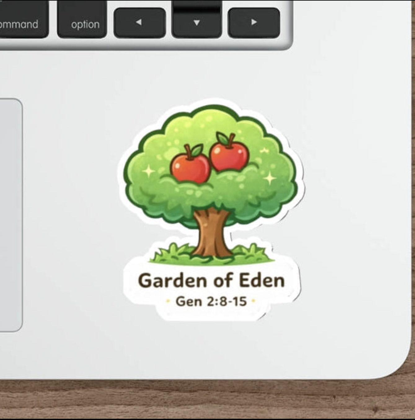 Cute apple tree sticker with two red apples and the text “Garden of Eden Gen 2:8-15” in kawaii style vinyl decal.