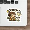 Cute Genesis 37 Christian sticker featuring Joseph the Dreamer wearing his colourful coat with stars, sun and moon dream symbols and the words Dreamer Gen 37.