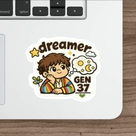 Cute Genesis 37 Christian sticker featuring Joseph the Dreamer wearing his colourful coat with stars, sun and moon dream symbols and the words Dreamer Gen 37.
