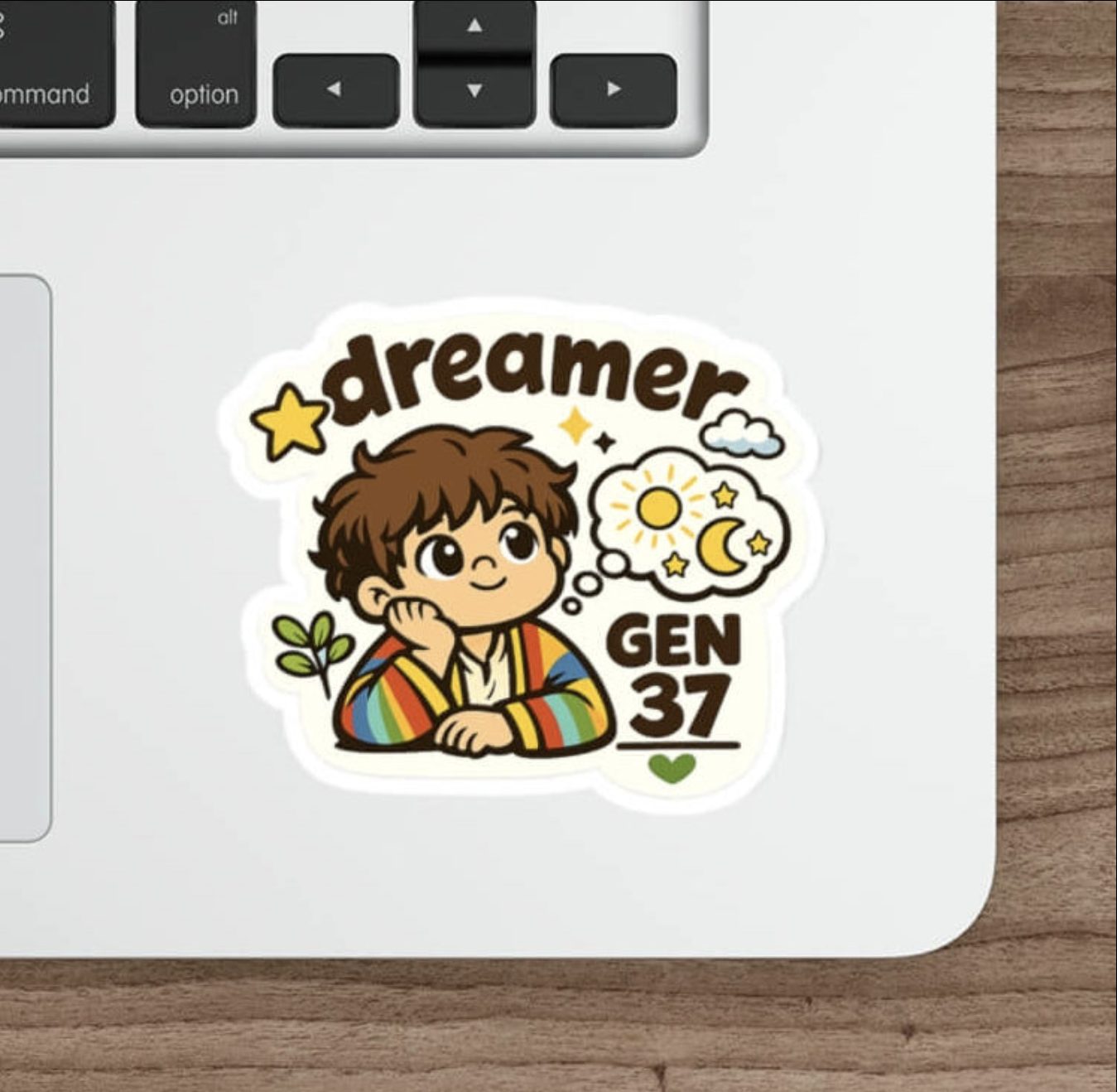 Cute Genesis 37 Christian sticker featuring Joseph the Dreamer wearing his colourful coat with stars, sun and moon dream symbols and the words Dreamer Gen 37.