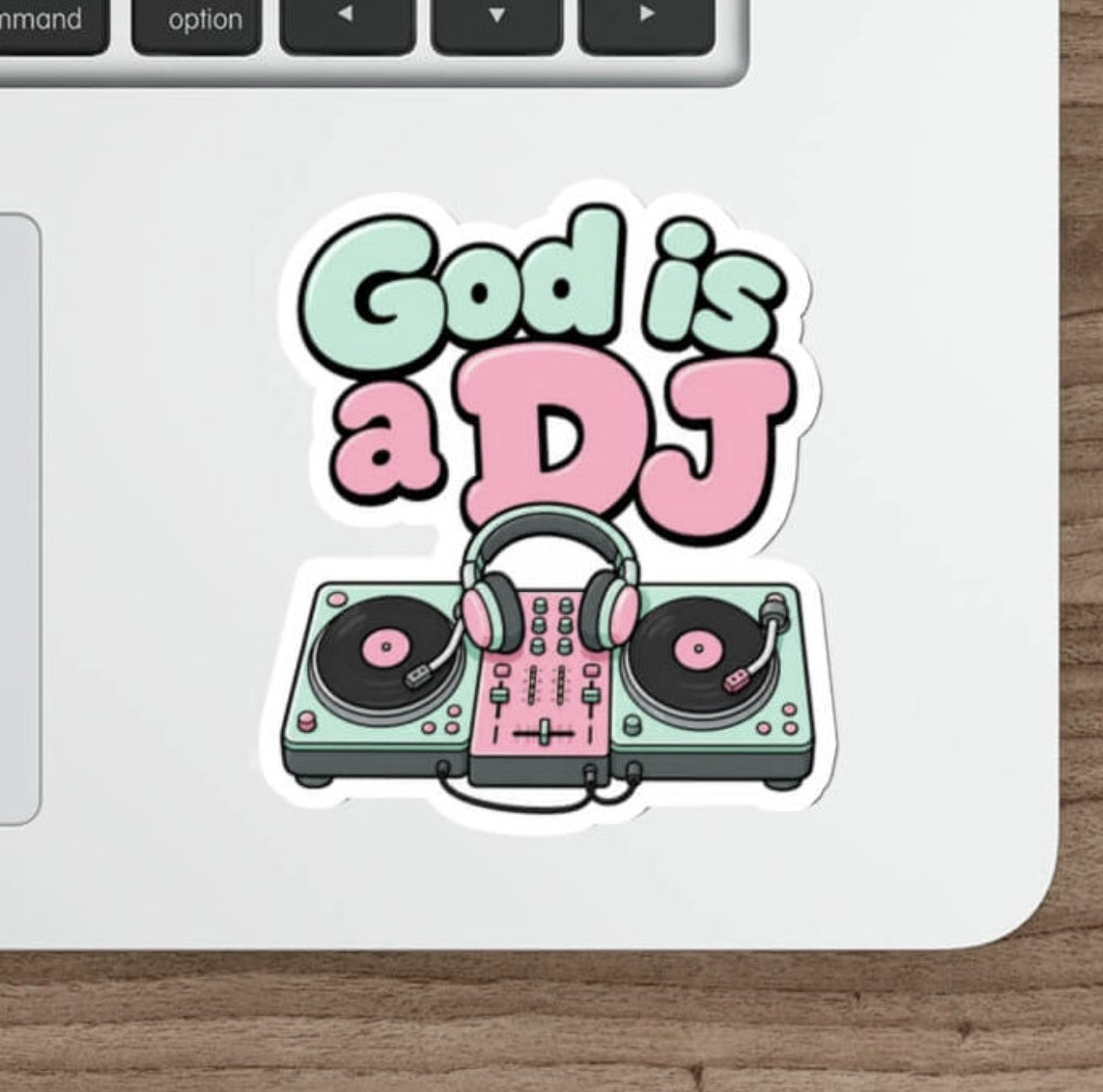 Cute God Is A DJ Christian sticker featuring pastel DJ turntables, headphones and bold retro lettering.