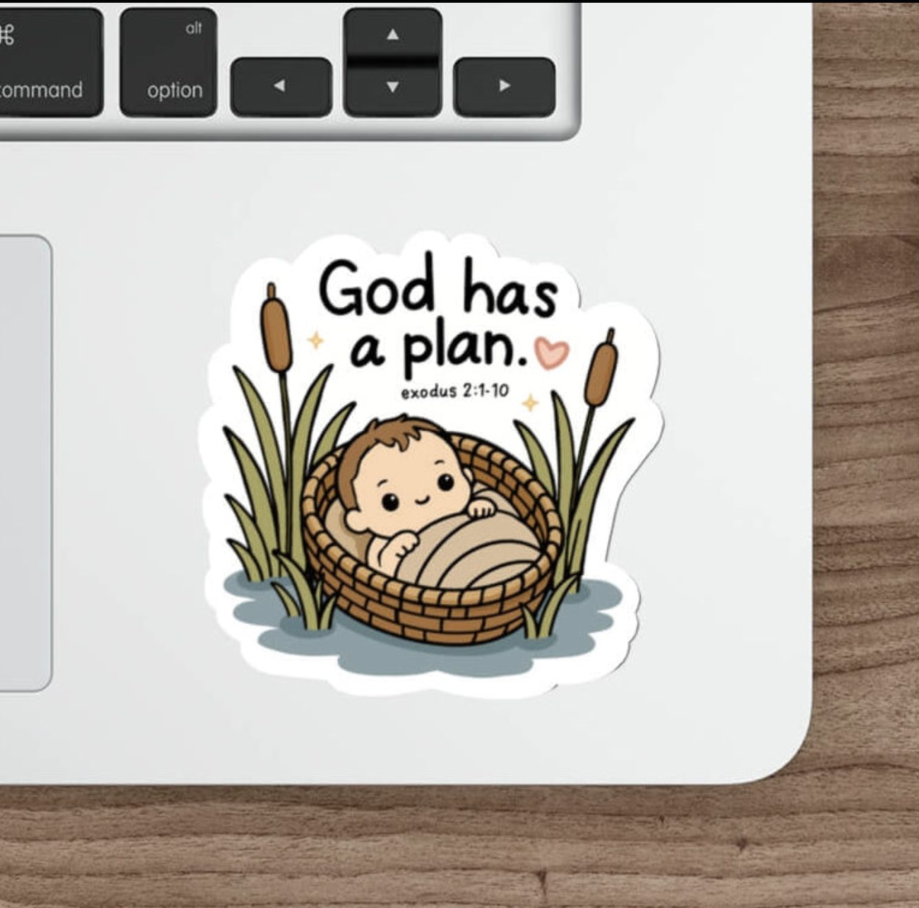 Cute Exodus 2 Christian sticker featuring baby Moses in a basket among the reeds with the words God Has A Plan.