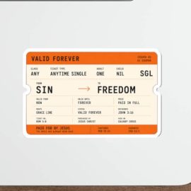 Orange train ticket sticker featuring the message "Paid For By Jesus" with a journey from Sin to Freedom, inspired by John 3:16 and Romans 5:8.