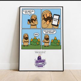 A framed vertical comic print leaning against a white wall on a light wood floor. The comic shows a cartoon man with a beard making phone calls, with one panel showing flames behind him and text at the bottom including the 'Fun World Comics' logo.
