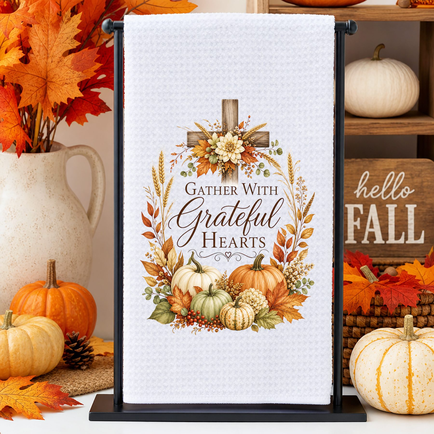 Gather With Grateful Hearts Fall Kitchen Tea Towel: Fall Decor Gift