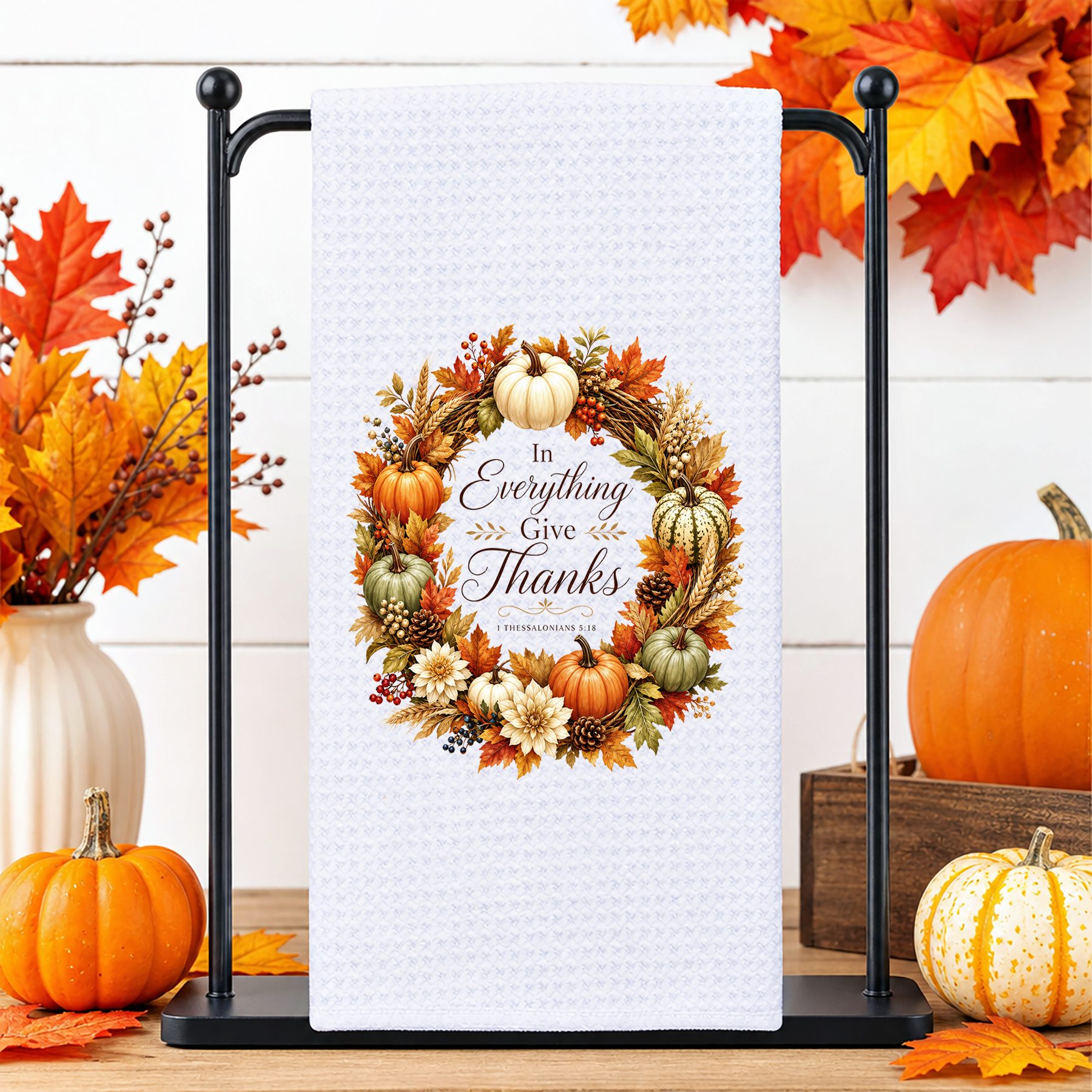 In Everything Give Thanks Waffle Weave Kitchen Towel: Fall Decor