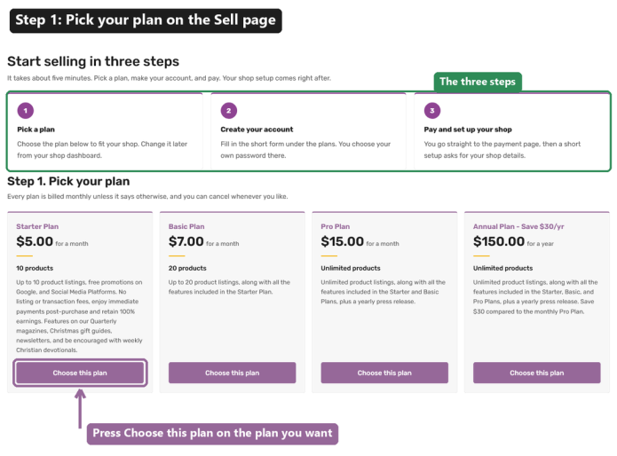 The Sell page: the three steps at the top, the four plans, and the Choose this plan button