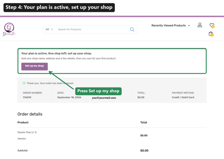 The order page after payment, with the Set up my shop button at the top