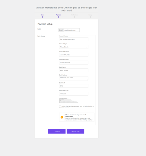 The payout details step of the setup wizard