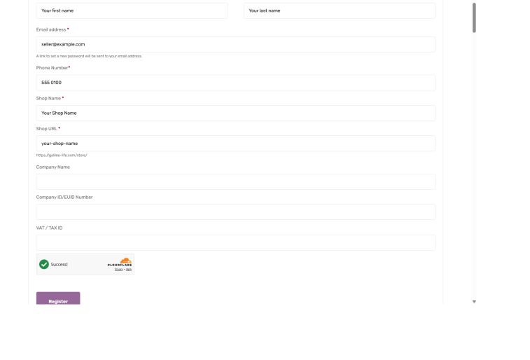 The seller signup form with example details filled in