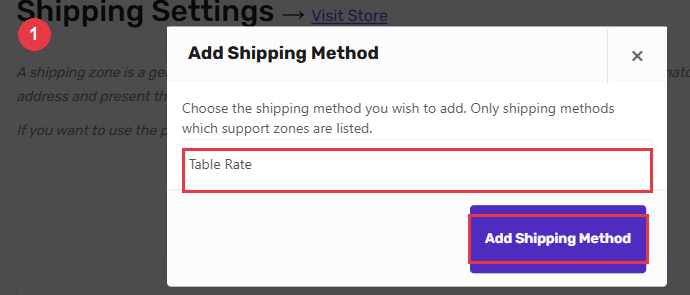 Add Shipping Method box with Table Rate chosen