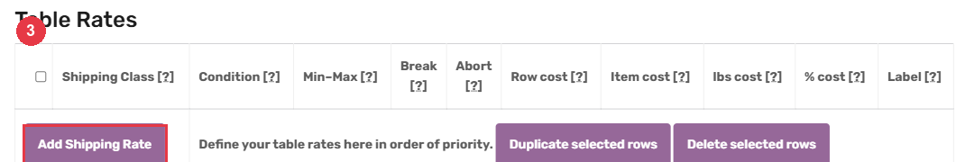 Empty Table Rates grid with the Add Shipping Rate button marked