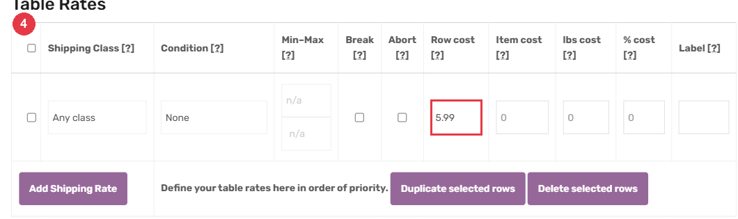 Table Rates grid with a price typed into the Row cost box