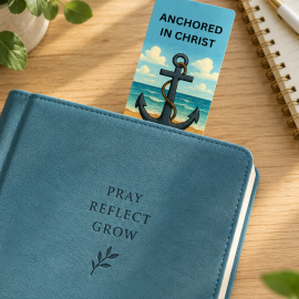 Anchored in Christ Hebrews 6:19 bookmark tucked inside a blue devotional journal on a wooden table.
