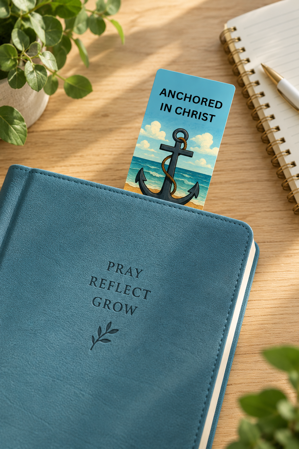 Anchored in Christ Hebrews 6:19 bookmark tucked inside a blue devotional journal on a wooden table.