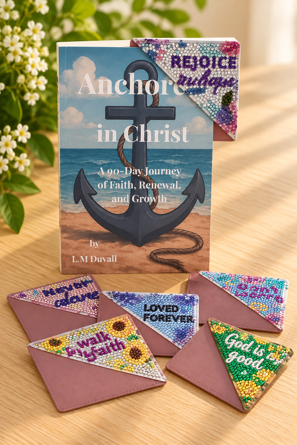 Faith & Encouragement diamond art corner bookmarks featuring uplifting messages displayed around Anchored in Christ, a 90-day Christian devotional by L. M. Duvall, on a light oak tabletop with soft greenery and white flowers.