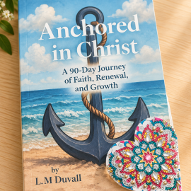 Colorful diamond art heart corner bookmark displayed on Anchored in Christ, a 90-day Christian devotional by L. M. Duvall, resting on a light oak tabletop with soft greenery.