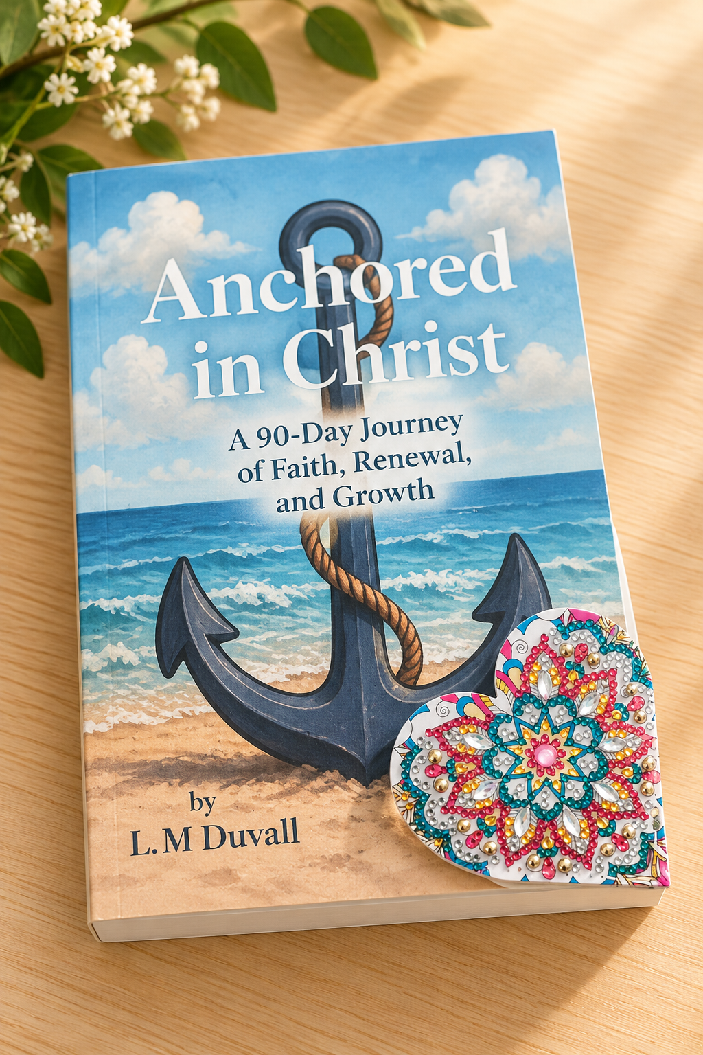 Colorful diamond art heart corner bookmark displayed on Anchored in Christ, a 90-day Christian devotional by L. M. Duvall, resting on a light oak tabletop with soft greenery.