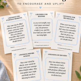 Five printable Christian grandparent blessings for everyday moments, bedtime, big feelings, school, and identity displayed with soft blue flowers.