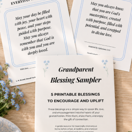 Grandparent Blessing Sampler printable with five Christian blessings displayed on a light wood surface with soft blue