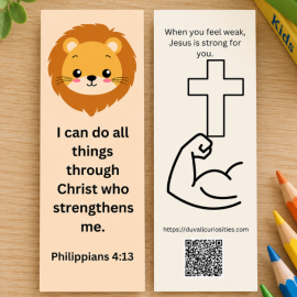 Front and back of children’s Philippians 4:13 Christian bookmark with lion design and coloring activity.