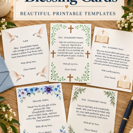 Grandparent Blessing Cards printable Christian collection by L. M. Duvall, featuring five sample blessing cards with original floral, dove, cross, and Scripture-themed designs. Cards include personalized prayers and encouraging messages to share faith, love, and God's blessings with grandchildren.