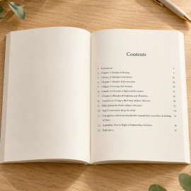 Open The Miracles of Jesus Bible study showing the table of contents on a light natural-oak table.