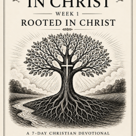 Anchored in Christ Week 1: Rooted in Christ 7-day Christian devotional cover featuring a deeply rooted tree with a cross and Colossians 2:7.