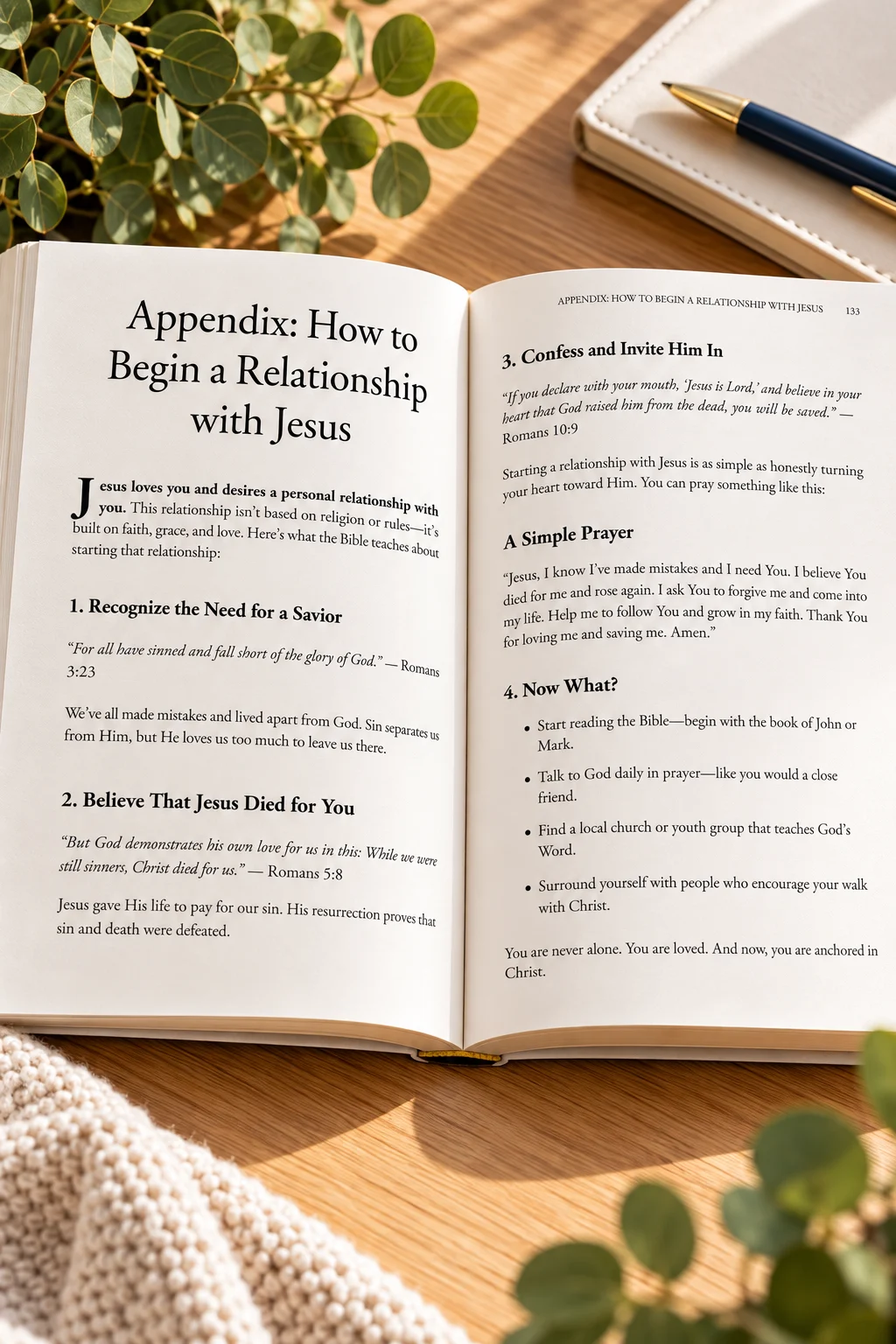 Open paperback of Anchored in Christ: A 90-Day Journey of Faith, Renewal, and Growth by L. M. Duvall, displaying the appendix “How to Begin a Relationship with Jesus.” The pages feature Scripture references, steps toward faith in Christ, a simple prayer, and guidance for spiritual growth. The devotional rests on a light wooden tabletop with soft natural lighting, greenery, and a pen.