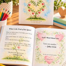 Fruit of the Spirit: LOVE – Learning to Love Like Jesus by L. M. Duvall, an 8.5 × 8.5-inch Christian children's activity book for ages 4–7, displayed on a wooden tabletop with colored pencils and greenery. Open pages feature “What Is the Fruit of the Spirit?” and “God’s Word About Love,” highlighting Galatians 5:22 and John 13:34.