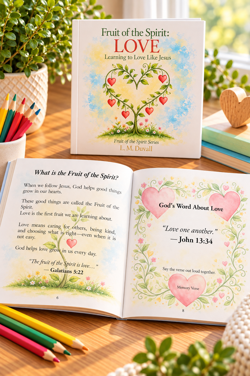 Fruit of the Spirit: LOVE – Learning to Love Like Jesus by L. M. Duvall, an 8.5 × 8.5-inch Christian children's activity book for ages 4–7, displayed on a wooden tabletop with colored pencils and greenery. Open pages feature “What Is the Fruit of the Spirit?” and “God’s Word About Love,” highlighting Galatians 5:22 and John 13:34.