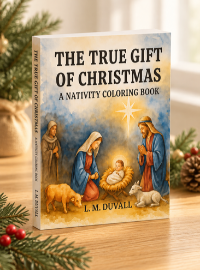 3D paperback mockup of The True Gift of Christmas: A Nativity Coloring Book by L. M. Duvall, featuring Mary, Joseph, baby Jesus, and the Nativity scene, displayed on a light wooden tabletop with festive evergreen greenery and warm Christmas accents.