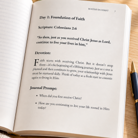 Open pages of Anchored in Christ: A 90-Day Journey of Faith, Renewal, and Growth by L. M. Duvall, featuring Day 1, “Foundation of Faith,” with Colossians 2:6, a daily devotion, and personal journal prompts. The Christian devotional paperback rests on a light wooden tabletop with soft natural lighting, greenery, and a pen.
