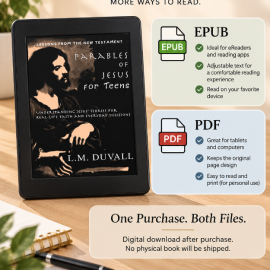 Parables of Jesus for Teens digital eBook showing EPUB and PDF formats included for flexible reading on eReaders, tablets, and computers.