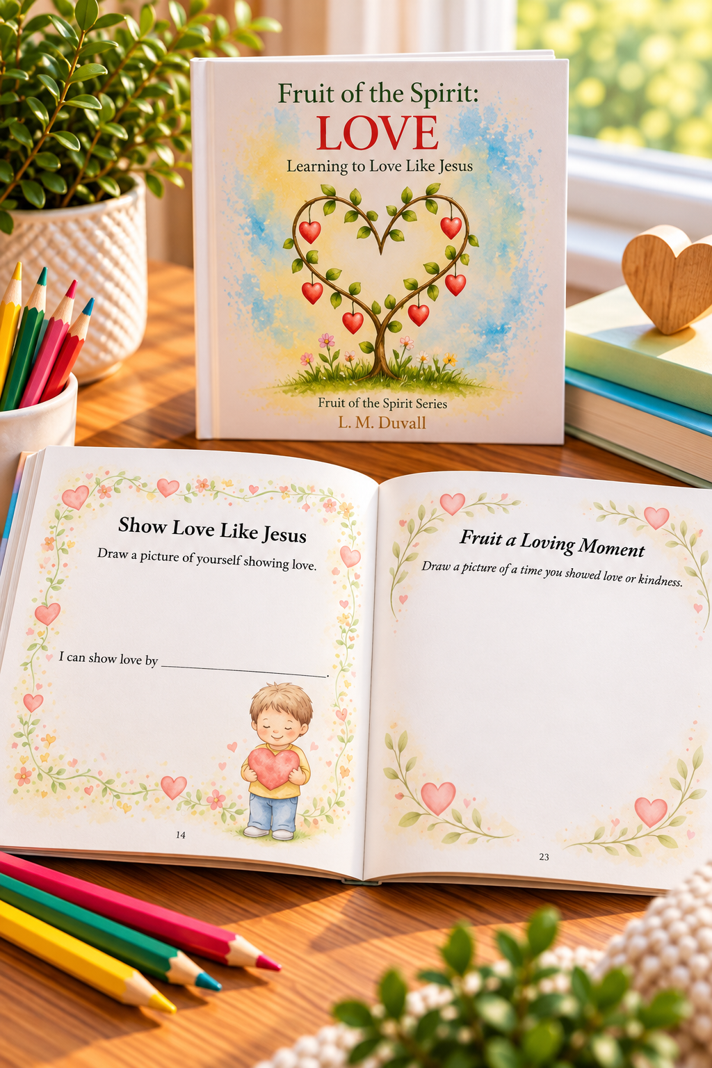 Fruit of the Spirit: LOVE – Learning to Love Like Jesus by L. M. Duvall, a Christian children's activity book for ages 4–7, displayed on a warm wooden tabletop with colored pencils and greenery. Open pages feature “Find the Path of Love,” a heart-shaped maze, and “Grow Love Today!,” a checklist encouraging kindness, sharing, prayer, and forgiveness.