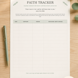 Free printable 14-day Faith Tracker for recording Scripture, prayer, and reflection, displayed with a sage-green pen.