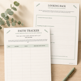 Two-page Christian Faith Tracker printable with a 14-day Scripture, prayer, and reflection tracker and Looking Back reflection page.